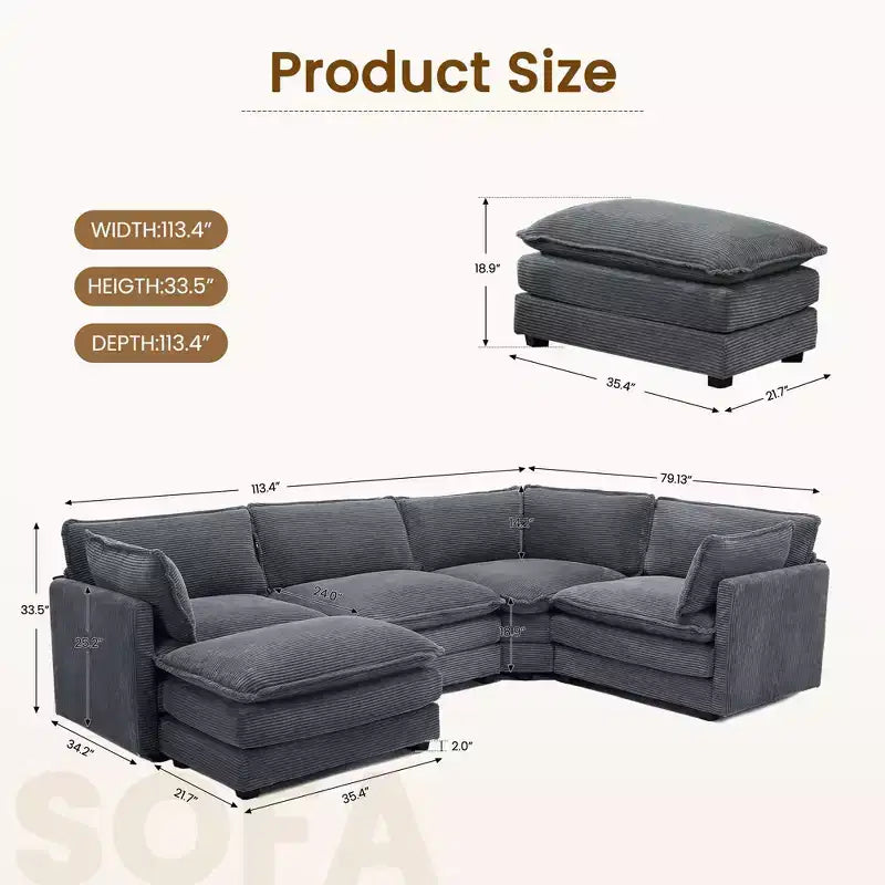 Canapé sectionnel modulaire moderne 5 places en velours côtelé, surdimensionné, 288 cm (L) x 201 cm (l), avec pouf, canapé en forme de U avec canapé d'angle, HYLEORY