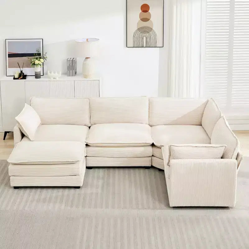 Canapé sectionnel modulaire moderne 5 places en velours côtelé, surdimensionné, 288 cm (L) x 201 cm (l), avec pouf, canapé en forme de U avec canapé d'angle, HYLEORY